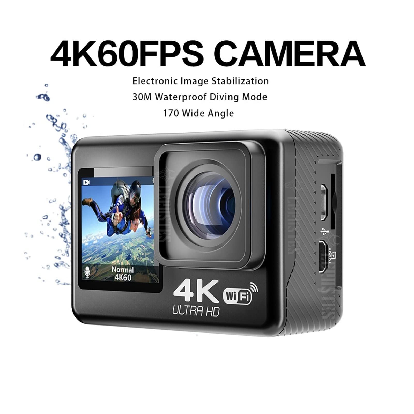 Macchina fotografica d'azione, Impermeabile 4K 60FPS Anti-shake Action Camera Doppio schermo 170 ° grandangolare 30m Fotocamera sportiva impermeabile con telecomando Cam all'aperto(32GB,4K -V35)