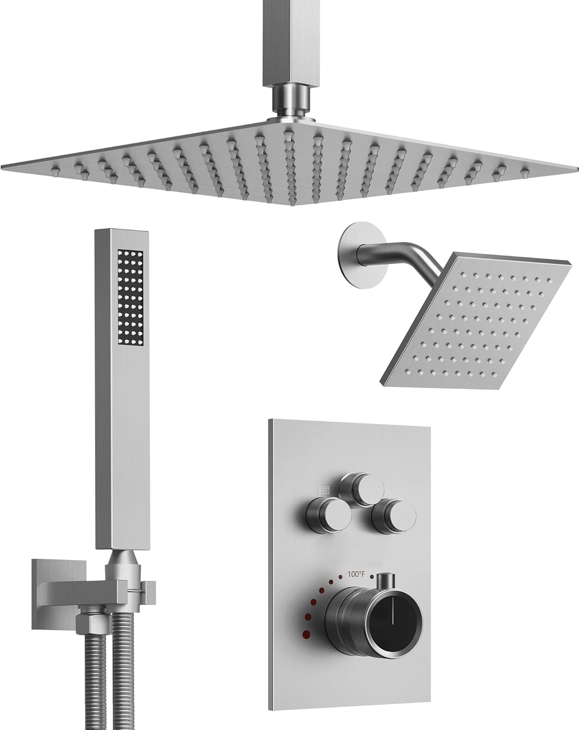 Thermostatic Shower System, Dual Rainfall Shower Heads for Ceilling & Wall Mounted with Handheld Sprayer, Brushed Nickel