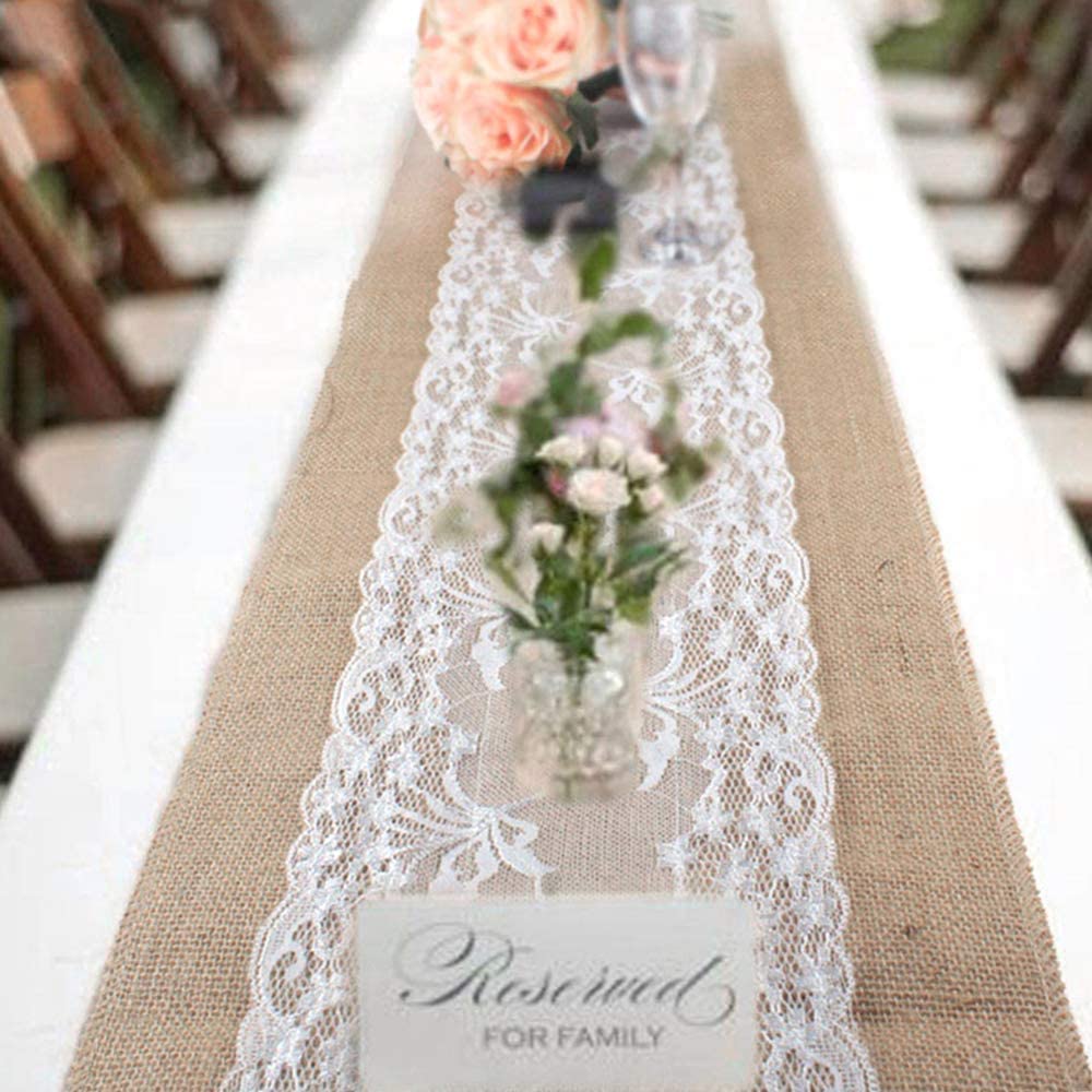 10 Stücke Tischläufer mit Spitze, Juteband Tischband Natur Hochzeit Deko Vintage Tischdeko Hochzeitsdeko Rustikal 30 cm breit 275cm Rolle