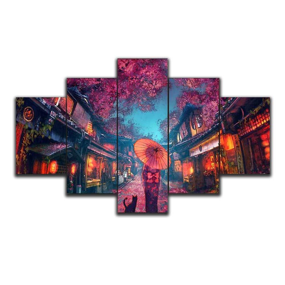 MINCOCO 5 Piece Wall Art Canvas Japanese Anime Styles Kimono Girl Home Decor Modular Pictures Modern Living Room Decoration Paintings, Unframed 30X40 30X60 30X80cm