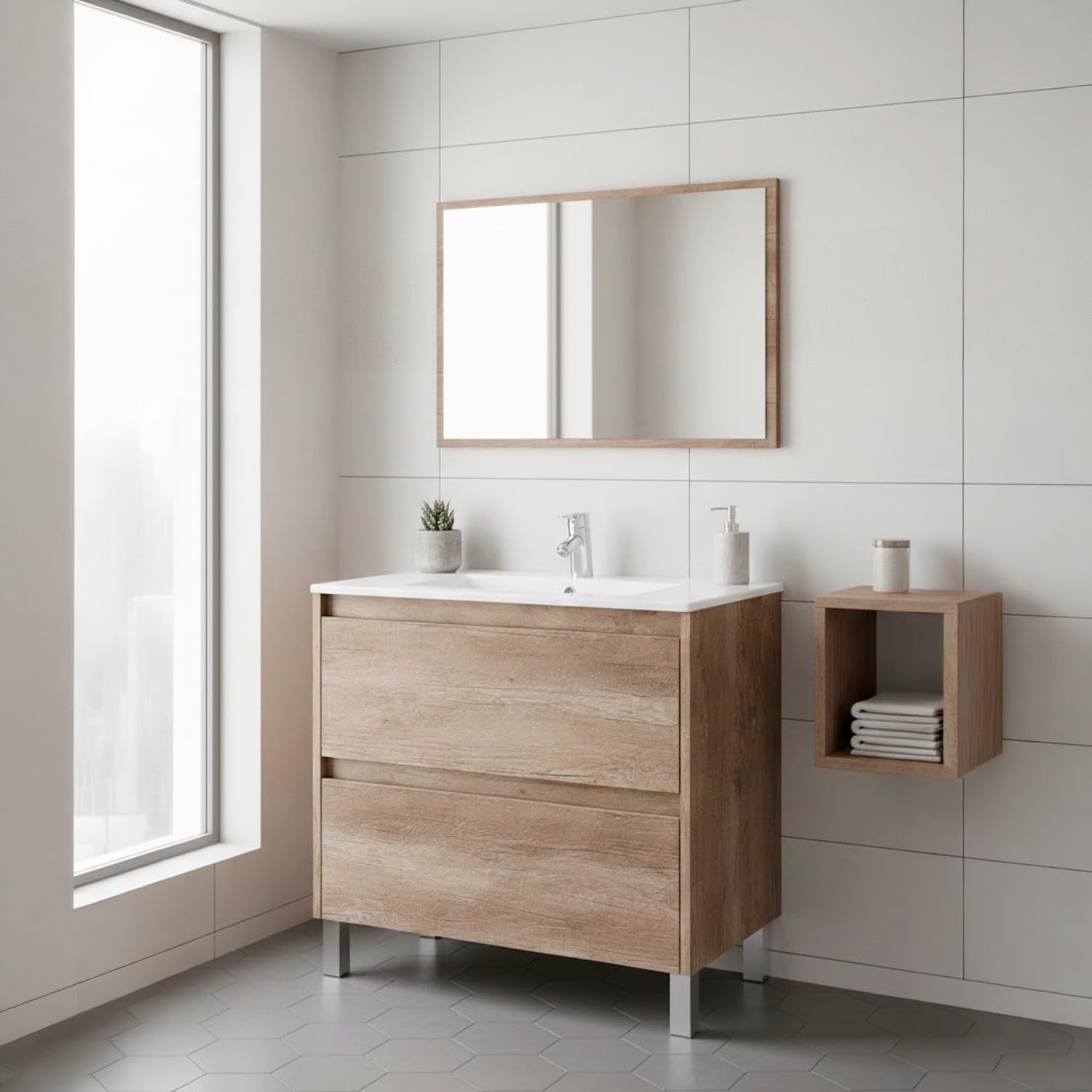 Bricozone Mobile Bagno Con Lavabo In Ceramica E Specchio 80 Cm Colore Quercia Con 2 Cassettoni Chiusura Ammortizzata Arredo Bagno Moderno 80 x 45 x 80 Cm