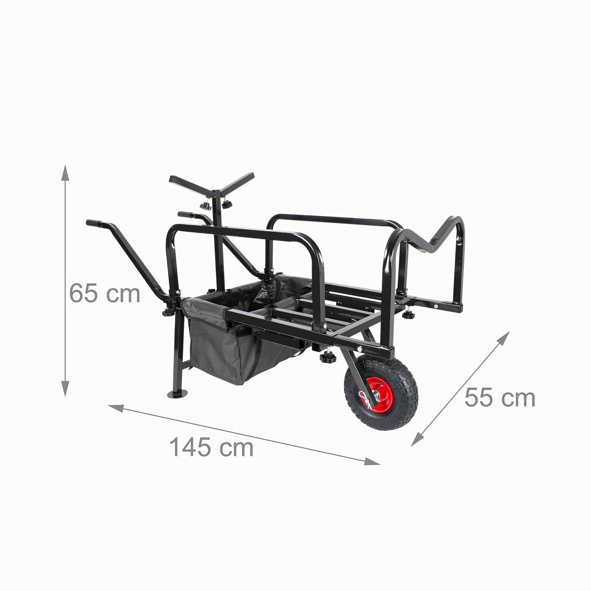 Relaxdays Angelwagen Transportwagen, Lastenkarre mit Tasche, HBT: 65x145x55 cm, verstellbar & klappbar, Stahl, schwarz