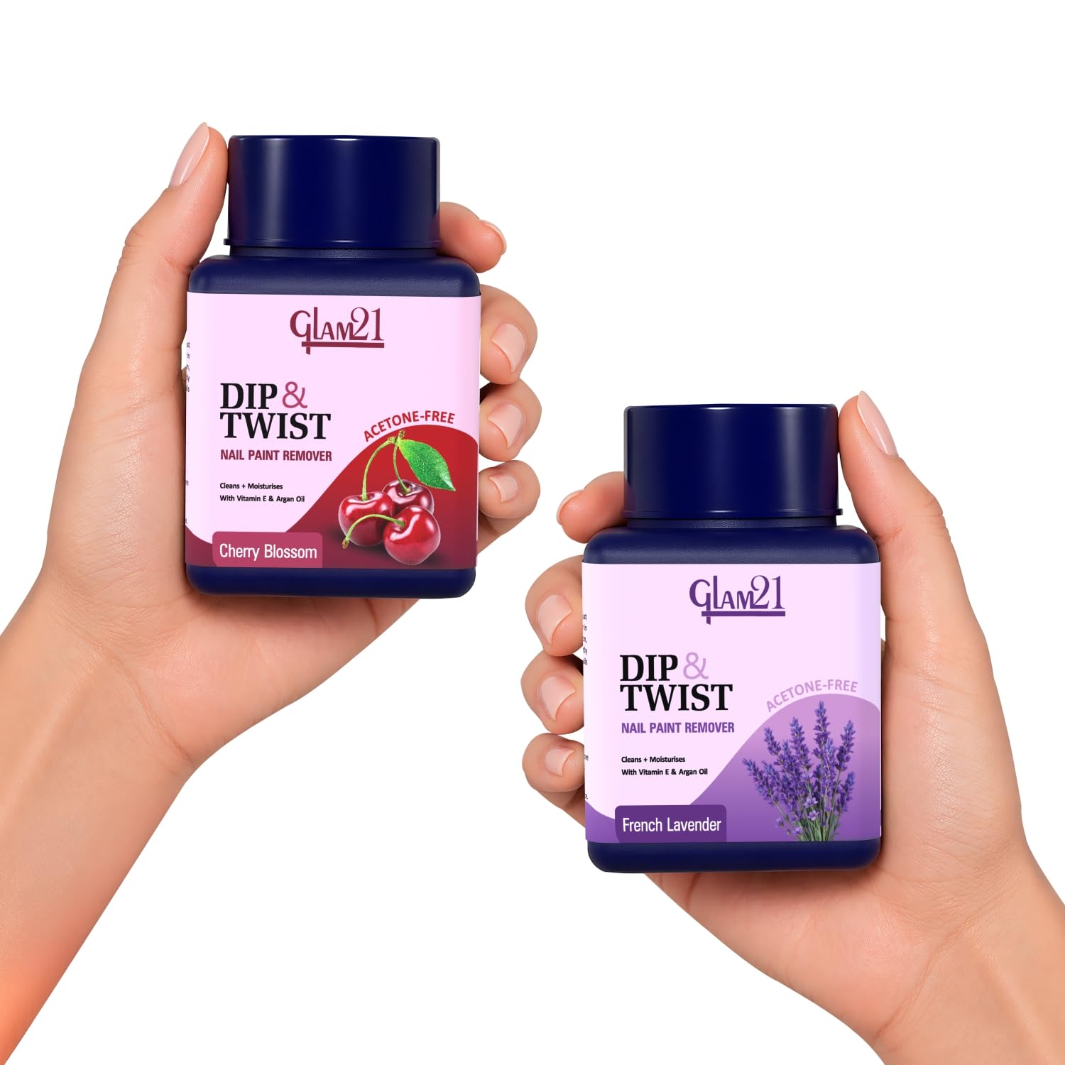Glam21 Dip & Twist Nail Polish Remover – Acetone-Free, Argan Oil & Vitamin E Infused, Quick Twist-Off Cleaner with Soft Sponge for Nourished, Healthy Nails | 80ml Each | Pack Of 2 (Cherry Blossom&French Lavender)-image-18