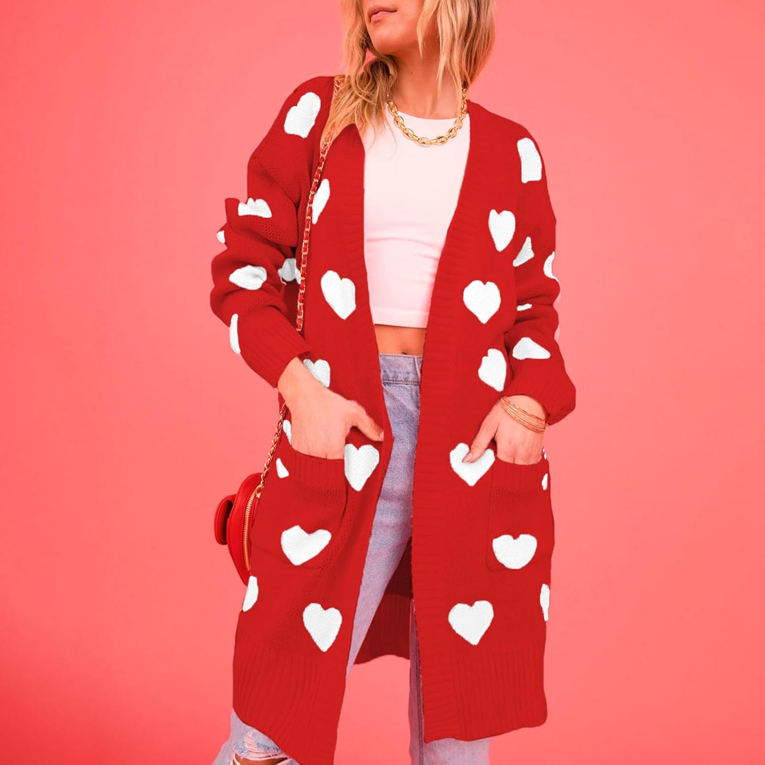 Heart Cardigan for Women Long Sleeve Button Open Front Valentines Cardigans Y2K Knitted Sweater Outerwear