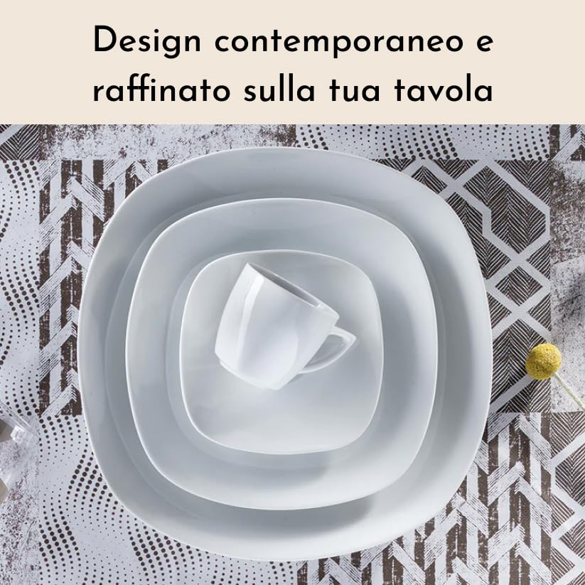 Set Piatti 6 Persone, Servizio Piatti 18 Pezzi, in New Bone China, Piatti Piani 24 cm + Piatti Fondi 22 cm + Piatti Frutta 19 cm, adatto Microonde e Lavastoviglie