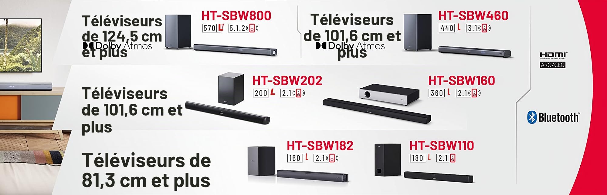 Sharp HT-SBW182 Barre de Son 2.1 Slim avec Caisson de Basses sans Fil (HDMI Arc/CEC, Bluetooth, AUX, 74 cm) Noir
