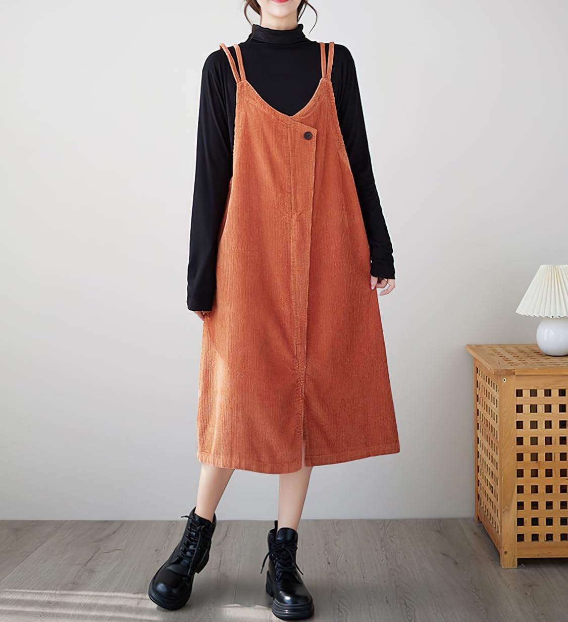 chouyatou Women's Loose Corduroy Spaghetti Strap Overall Dress A Line Flare Pinafore Midi Jumper Dress - Image 2