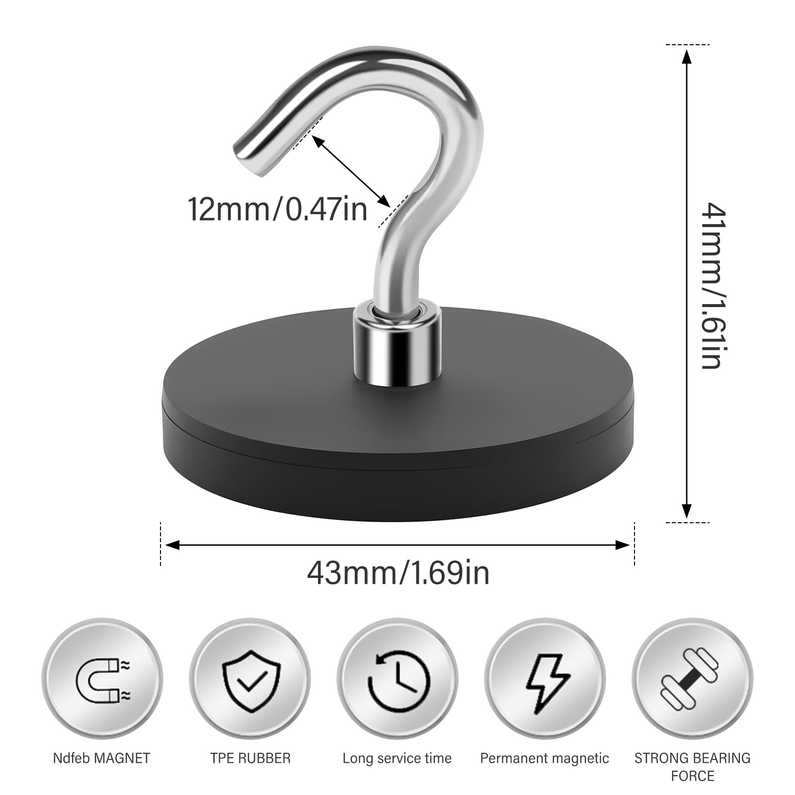 8 ganci magnetici, ganci magnetici extra forti, ganci magnetici al neodimio, magneti gommati D43 mm, per appendere, crociera, tenda, casa, cucina, posto di lavoro, rimovibile senza foratura