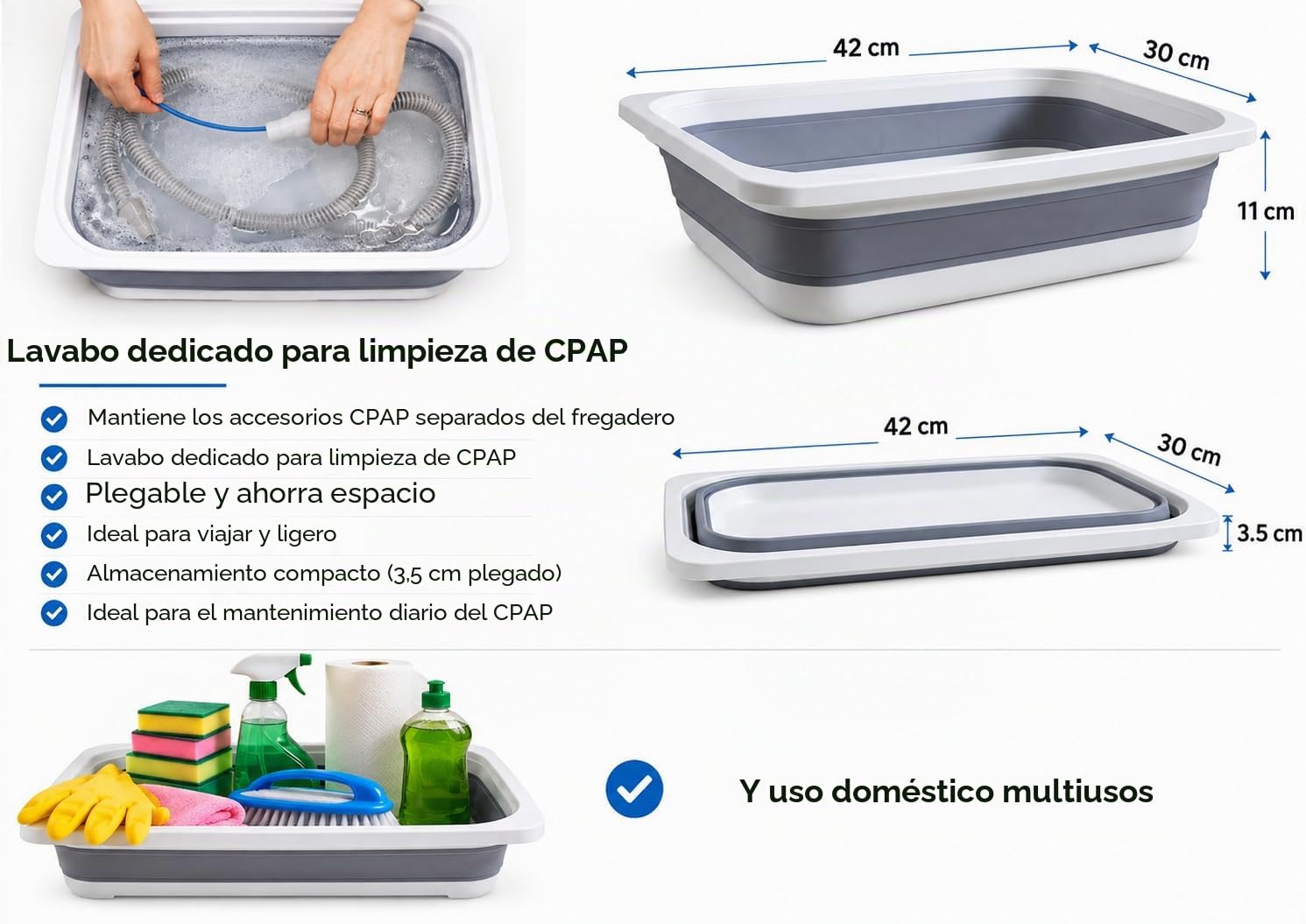 AVEEN CPAP & BiPAP Kit de limpieza, cepillo de limpieza de tubo CPAP con palangana plegable y gancho de secado de tubo, accesorios para tubos y máscaras CPAP