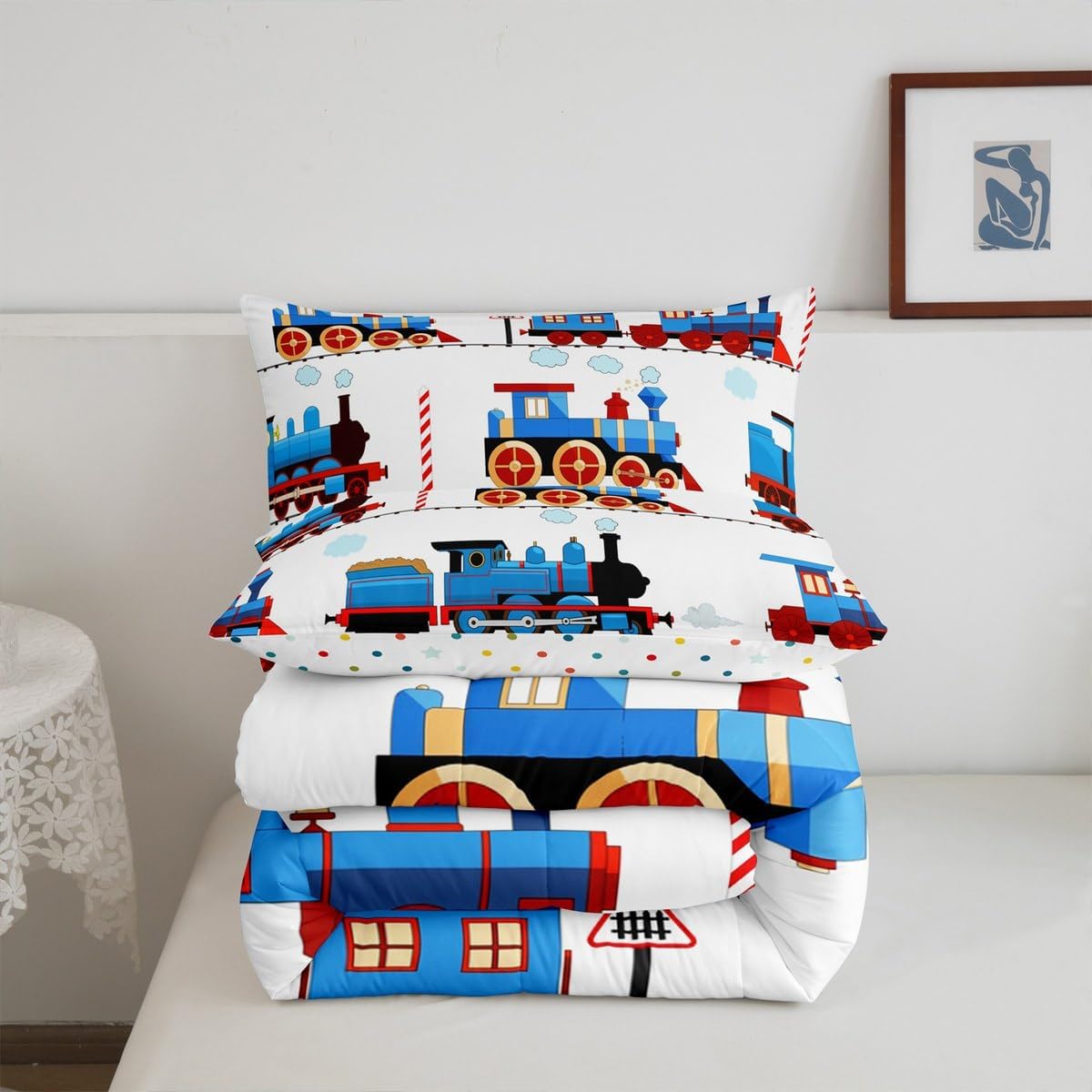 jejeloiu Cartoon Vintage Train Comforter Set Toddler Kids Steam Engine Railway Transportation Bedding Set for Boys Girls Kawaii Retro Vehicle Locomotive Car Duvet Quilt Room Decor