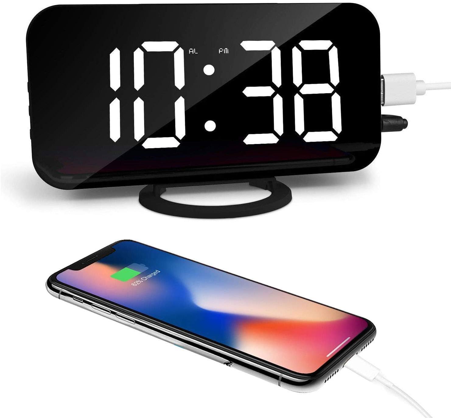 UBMSA LED Digital Alarm Clock with Large 6.5" Easy-Read Display,Easy Snooze Function, Diming Mode, Mirror Surface,Dual USB Charging Ports for Bedroom,Living Room,Office,Travel