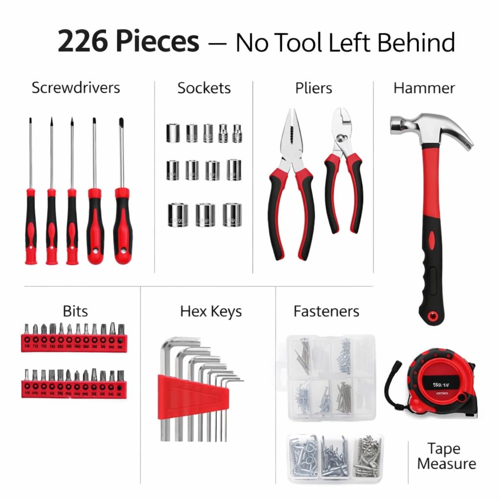 Kit de herramientas manuales profesionales de 226 piezas, juego completo de herramientas de bricolaje y mecánicas con estuche resistente para reparaciones de hogar, garaje y taller
