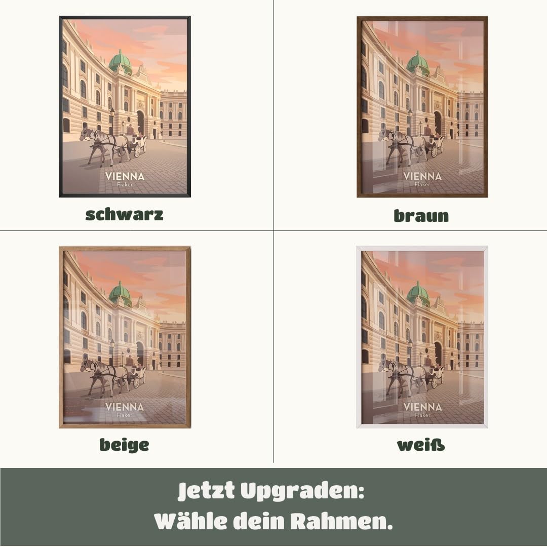 MJ-GRAPHICS® Poster Fiaker Kunstdruck Wien Architektur Wandbild klassisch Sonnenuntergang sanfte Töne Wohnzimmer Deko edel Zeichen Stadtgeschichte Bilder Vintage 50x70 mit schwarzem Rahmen