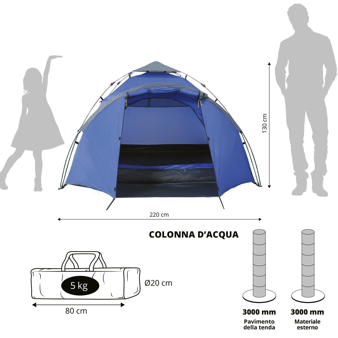 Lumaland Tenda Da Campeggio | 3-4 Person Family Tenda | Interne 210x210x120 cm | Impermeabile & antivento | Ideale come campeggio, festival e tenda da viaggio | Ultraleggero & robusto [Blu]