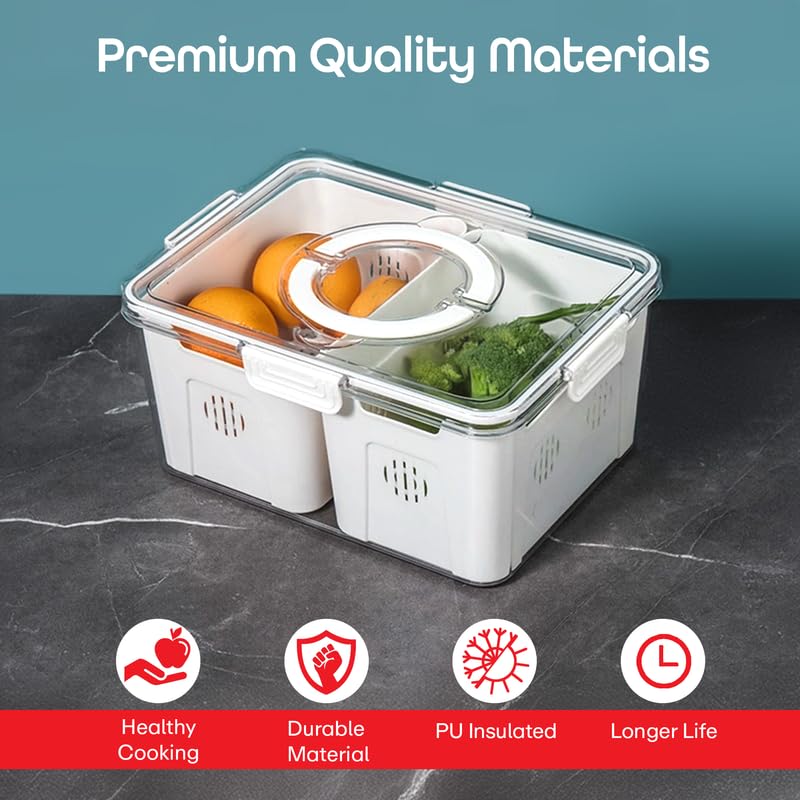 PRIME PICK 2 Compartment PET Fridge Storage Box Food Grade Material Clear Easy View Design with Handles Refrigerator Organizer White Standard Size 1