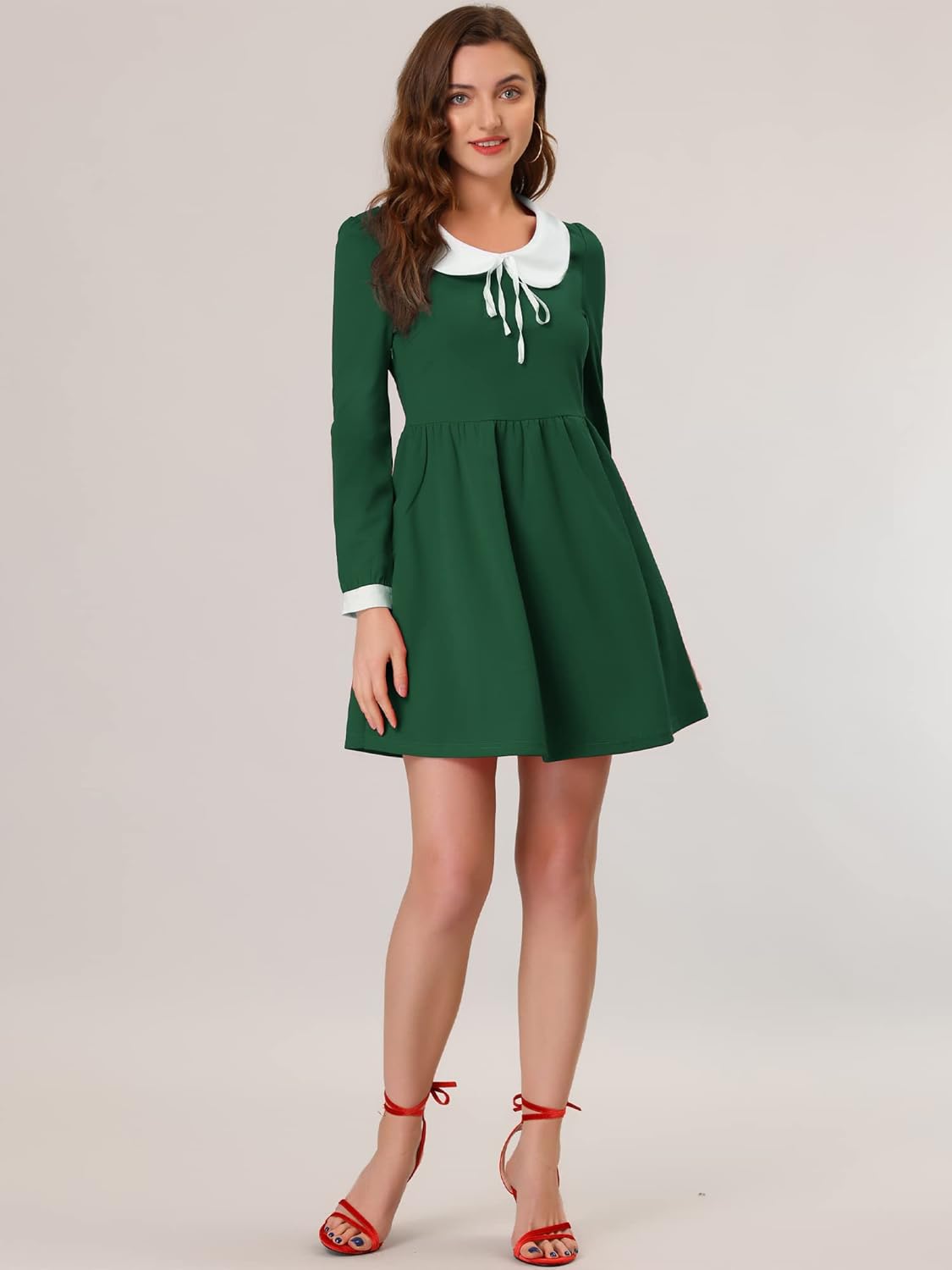 Allegra K Women's Peter Pan Collar Dresses Color Contrast Long Sleeve 60s Vintage Mini Dress