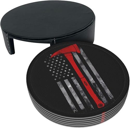 Miniatura 3 de Drink Coasters Set of 6, Firefighter Axe Red Line Flag Printed PU Leather Round Coaster with Holder for Outdoor, Office, Bar, Funny Heat-Resistant