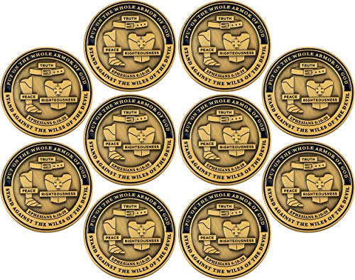 Armor of God, The Complete Armor Set, Bulk Pack of 10 Bible Study Challenge Coins, Memory Verse Tool for Teens, Men & Women, Christian Religious Prayer Token Gift with Bible Verse Scripture