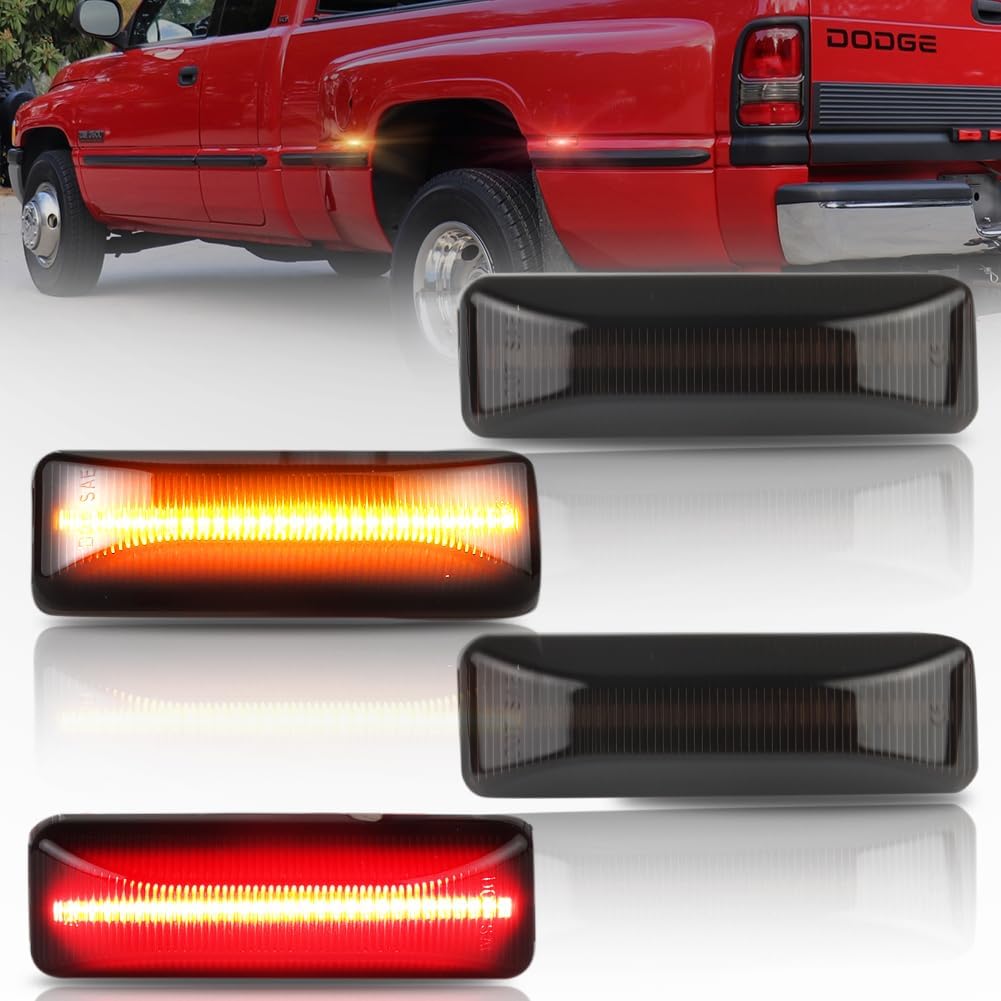 Front & Rear LED Dually Fender Side Marker Lights for Dodge Ram 2500 3500 1994-2002, Ram 2500 Smoked Lens Wheel Bed Marker Lamps, Amber & Red LED Side Markers Turn Signal Lights, 4 PCS