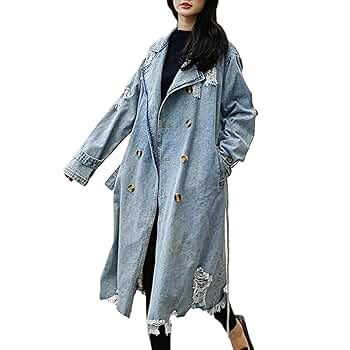 Vintage Light Blue Frayed Hole Denim Trench Coat With Belt