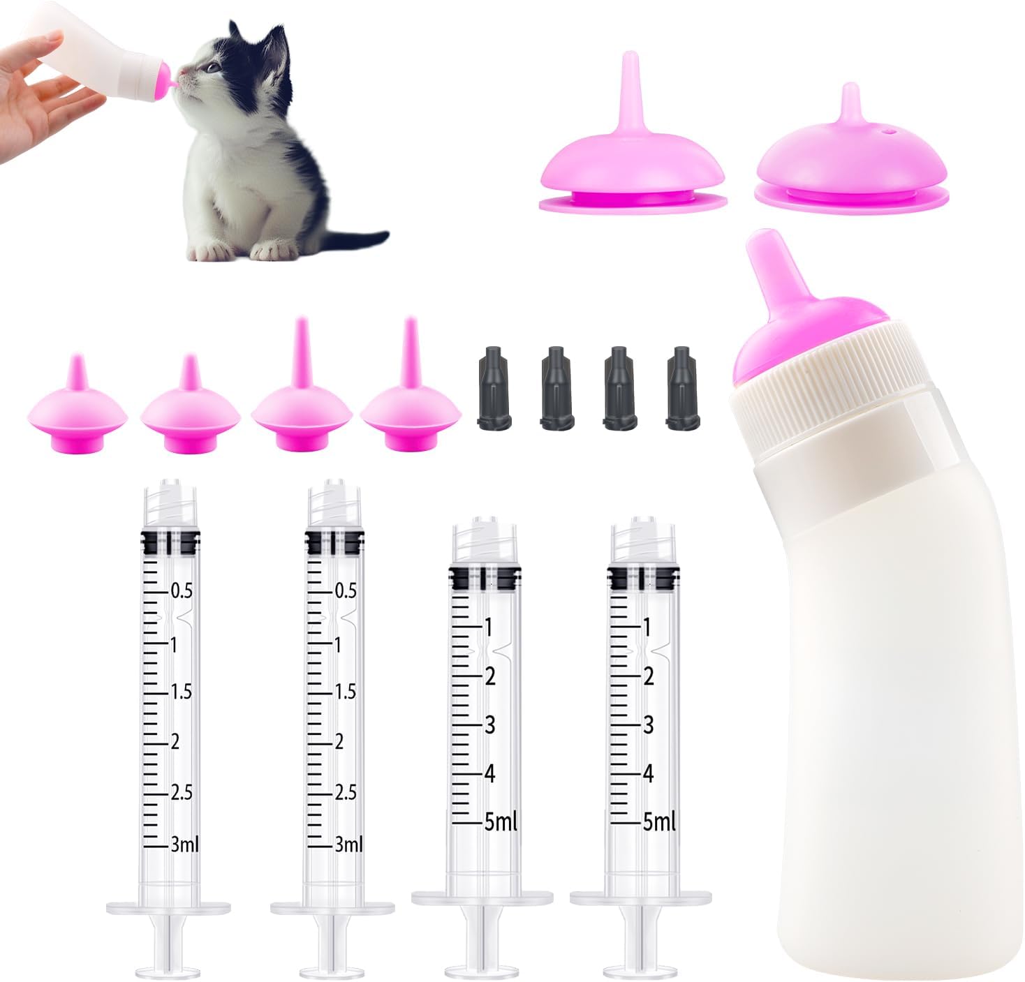 Puppies Nursing Nipple with Syringe, Kitten Nursing Kit,Wide Mouth Angled Soft Silicone Feeding Bottles, with Ventilation Valve Resistant Tearing for Puppies,Kittens,Rabbit (Pink)