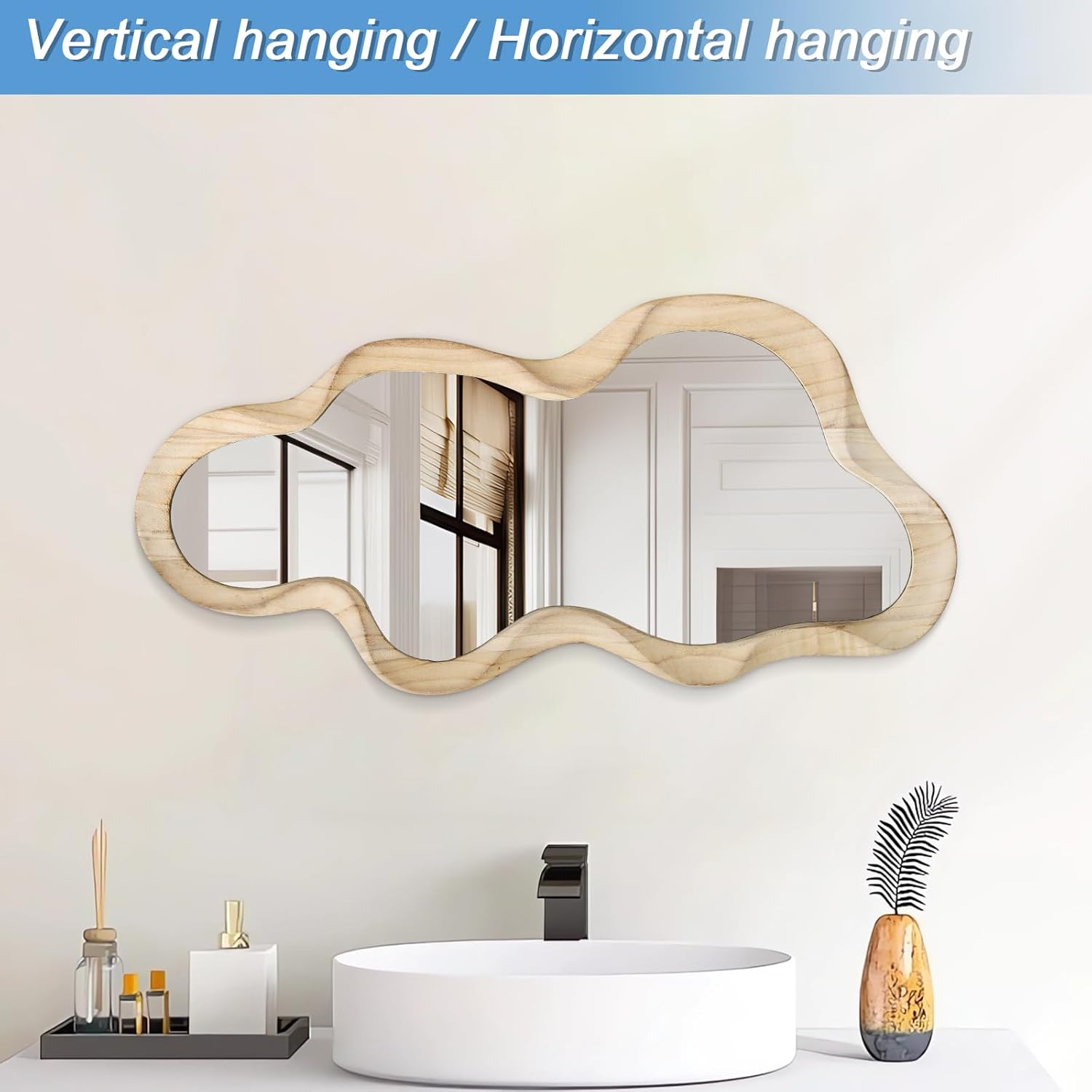 Asymmetrical Cloud Wavy Mirror, Large Irregular Wall Mirror, Modern Wood Frame, Unique Artistic Mirrors, Cute and Stylish, Decorative for Cloakroom, Bedroom, Living Room, Bathroom, Entryway