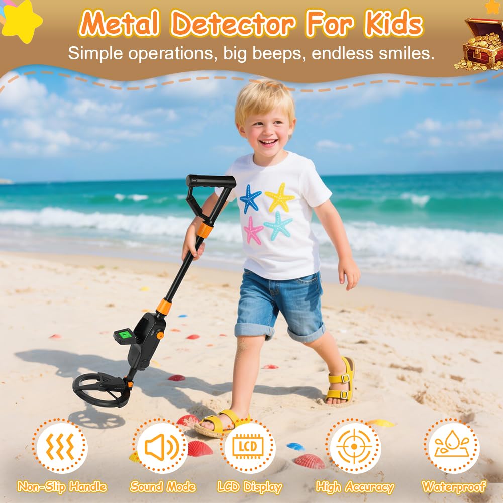 Flintronic Detector de Metales Niños, Detector de Metales con Pantalla LCD e Indicación de Sonido, Detect-or de Metal-es de Mano con Bobina de Búsqueda Impermeable, para Búsqueda de Metale, Negro