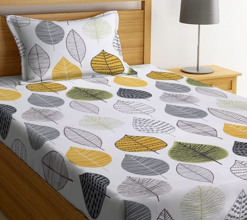Image of NHD HOME Premium Glace Cotton 180 TC Flat Single Bedsheets for Summer Breathable | Wrinklefree (Size-60 X 90 Inch) with 1 Pillow Covers (Size-17 X 27 Inches, White Green Leaf Printed)