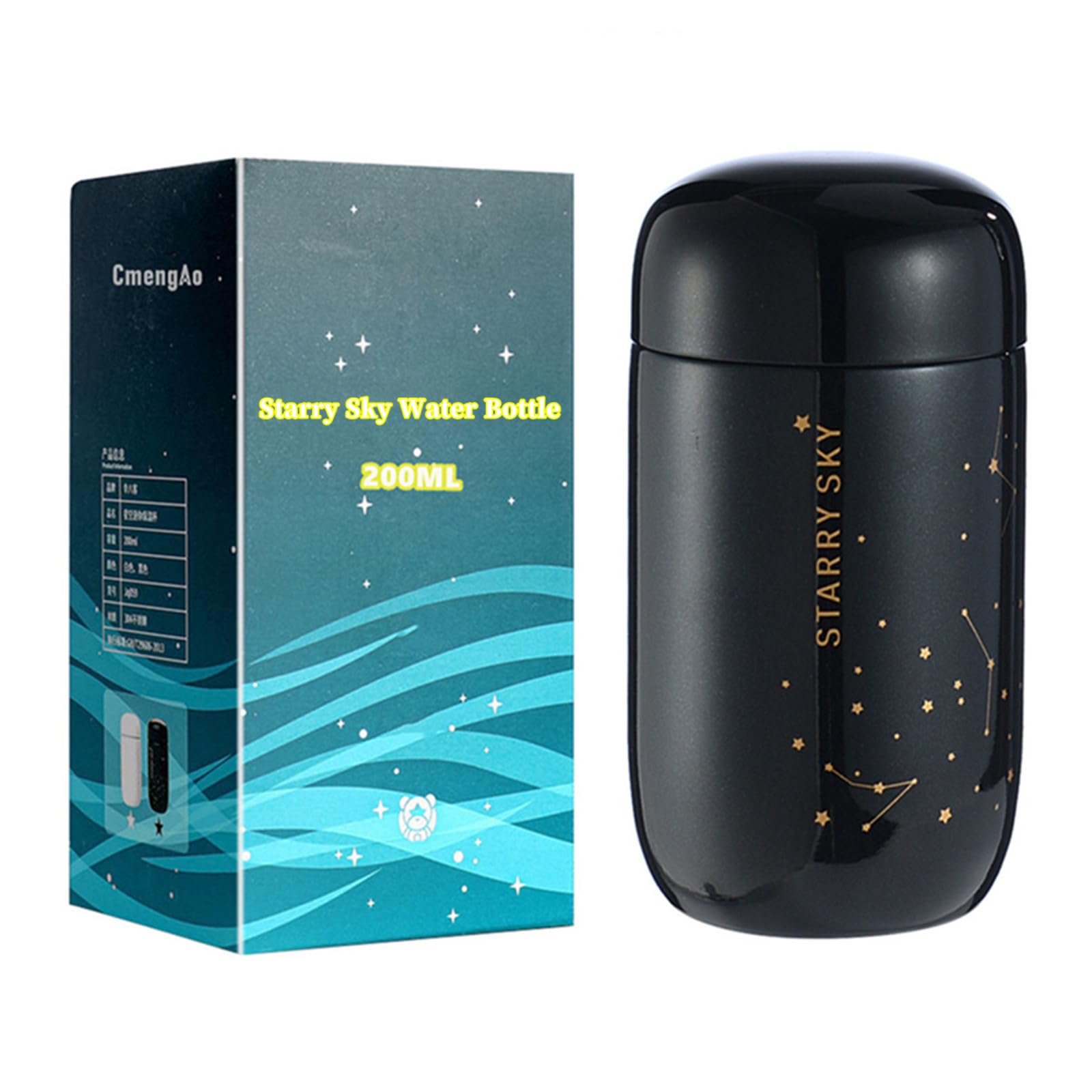 Mini Starry Sky Thermal Water Bottle, 7oz Stainless Steel Vacuum Insulated Bottle Pocket Flask for Lovers (black)