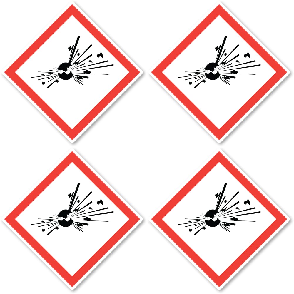 Explosion Hazard Danger Symbol UN/GHS Hazard Pictogram Stickers 10cm Pack of 4, Black and white with red trim, 10 cm x 10 cm