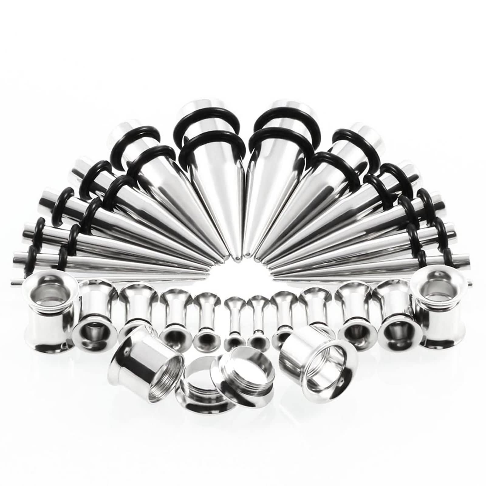 Zestaw srebrnych mierników, kolczyki 28 szt. stożek ze stali nierdzewnej podwójnie rozkloszowane tunele 12G/8G/6G/4G/2G/0G/00G piercing do uszu biżuteria damska męska