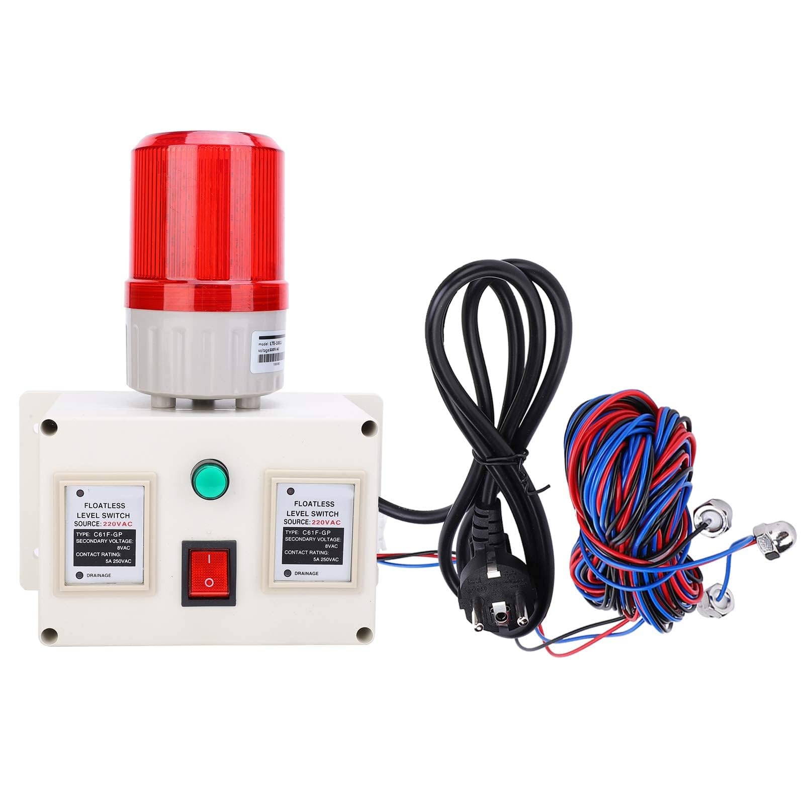 Wasseralarmsensor, Wasserstandsalarmsensor, 90-105 dB Einstellbare Tanküberwachung, Wassermelderalarm, Korrosionsbeständig, nicht leicht zu rosten, EU-Stecker AC220V