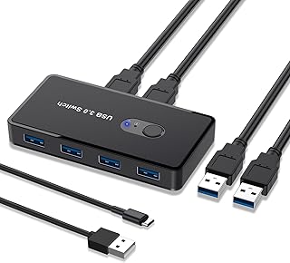 JESWO USB 3.0 Switch Selector KVM Switcher 2 Computers Sharing 4 USB Devices USB Hub Switch for Keyboard Mouse Scanner Printer with One-Button Swapping and 2 Pack USB Male Cable