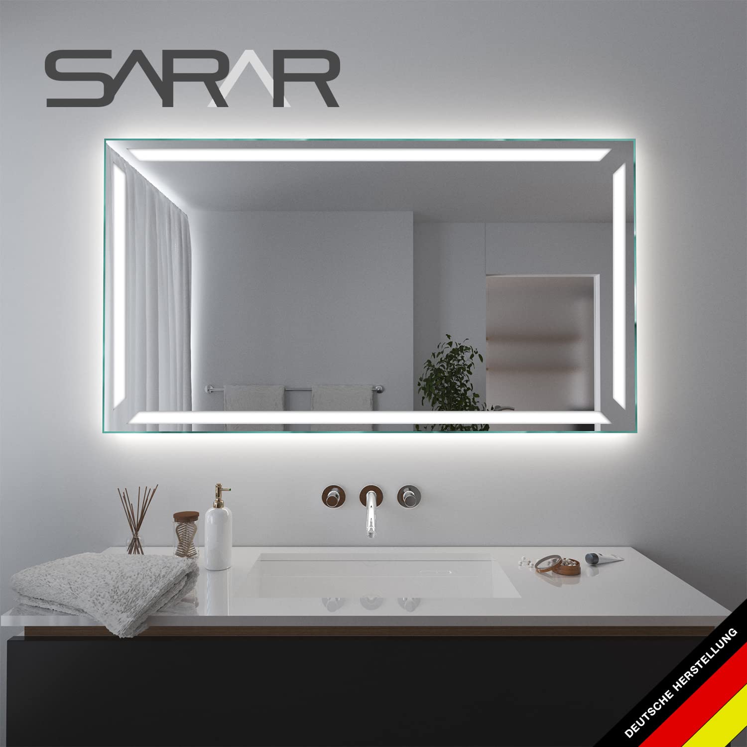 SARAR LED Badspiegel Spiegel Badezimmerspiegel mit Beleuchtung 130x80 cm Made in Germany eckiger Wandspiegel Mirror Spiegel Bad mit Licht Pesaro
