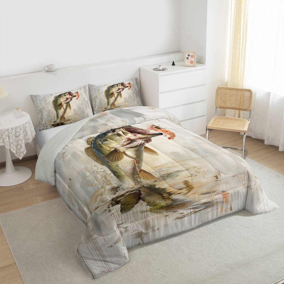 Homemissing Bass Fish Letto Trapuntato Caccia E Pesca Per Ragazzi Ragazze Country Lodge Set Piumini 230x220cm 3 Pezzi Room Decor