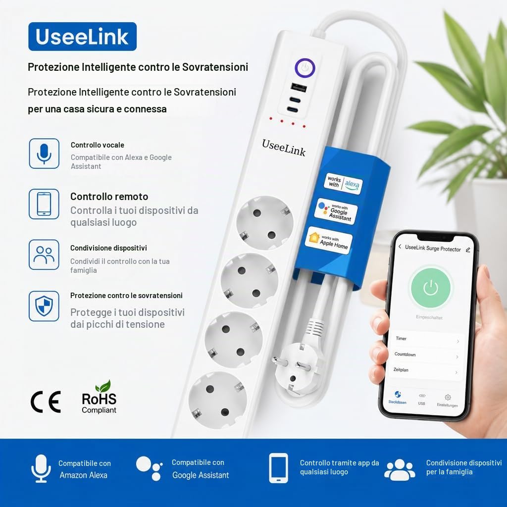 UseeLink Zigbee protezione da sovratensione ciabatta 10A 4 prese CA interruttori individuali 2 protezione da sovraccarico timer USB nessun hub richiesto Certificato CE Bianco