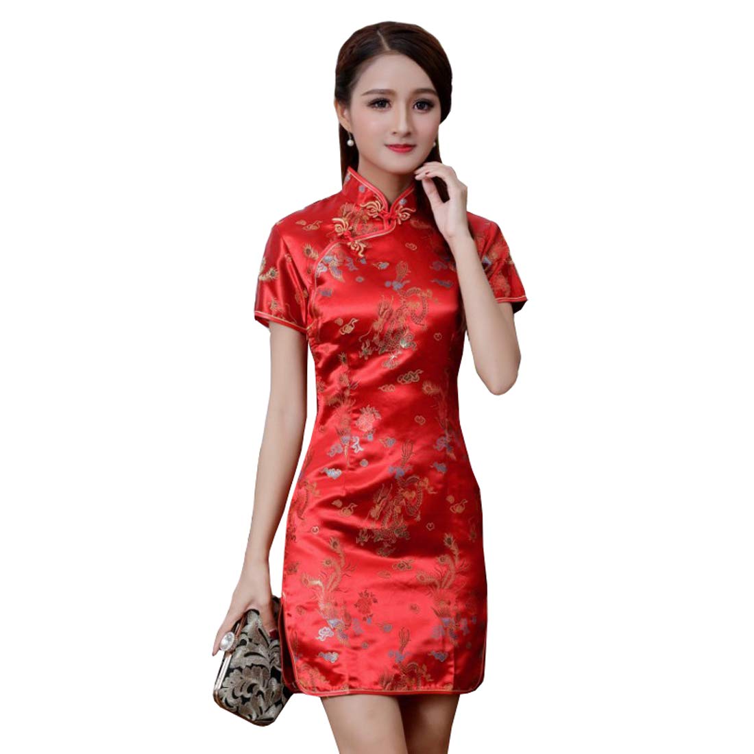 Donne Drago Phoenix Raso Broccato Qipao Cheongsam Manica Corta Abiti Cinese Lunghezza Della Coscia