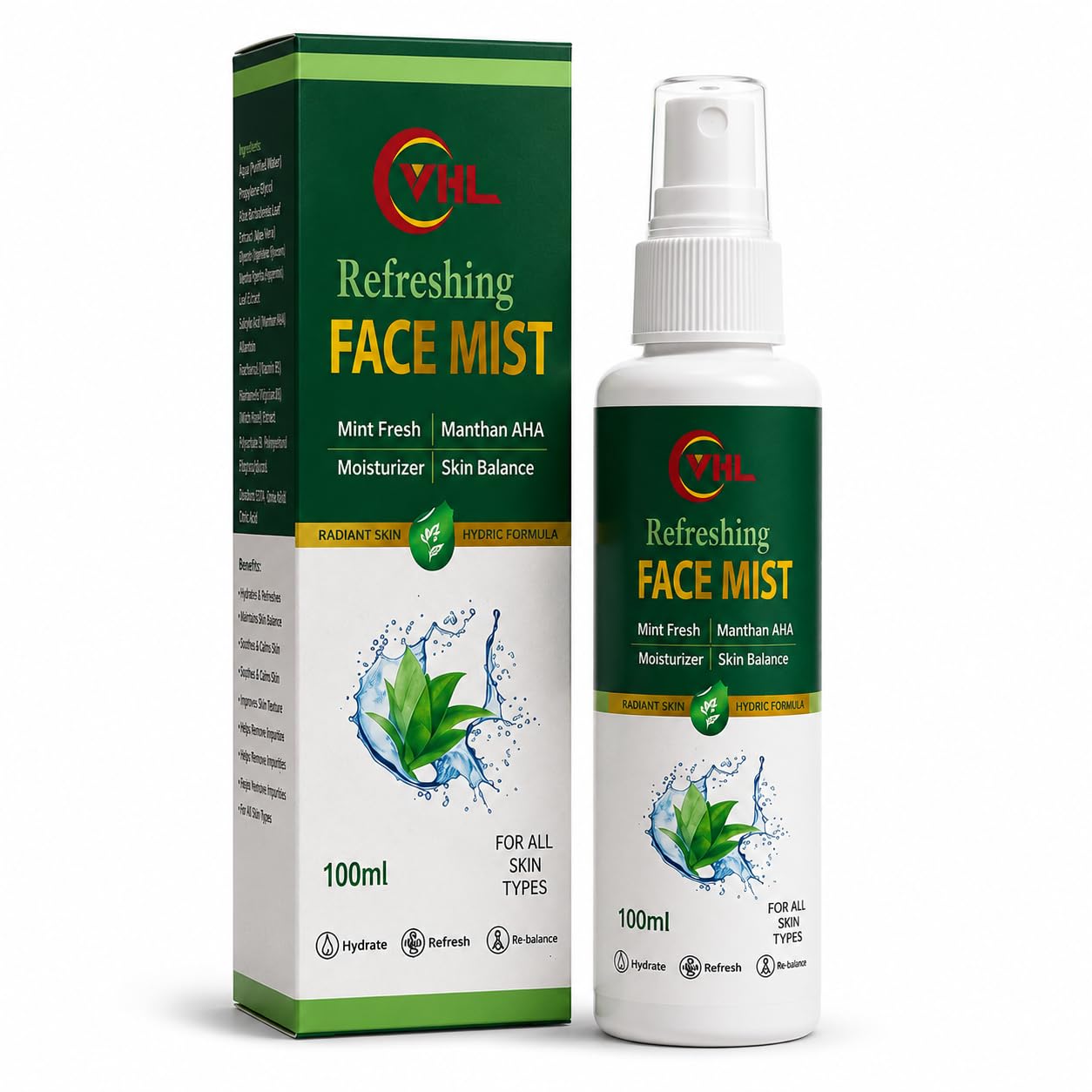 VHL Refreshing Face Mist for All Skin Types, 100ml | Mint & Rose Water, AHA Exfoliation, Deeply Hydrating, Vegan & Toxin Free, Ayurvedic Formula-image-38
