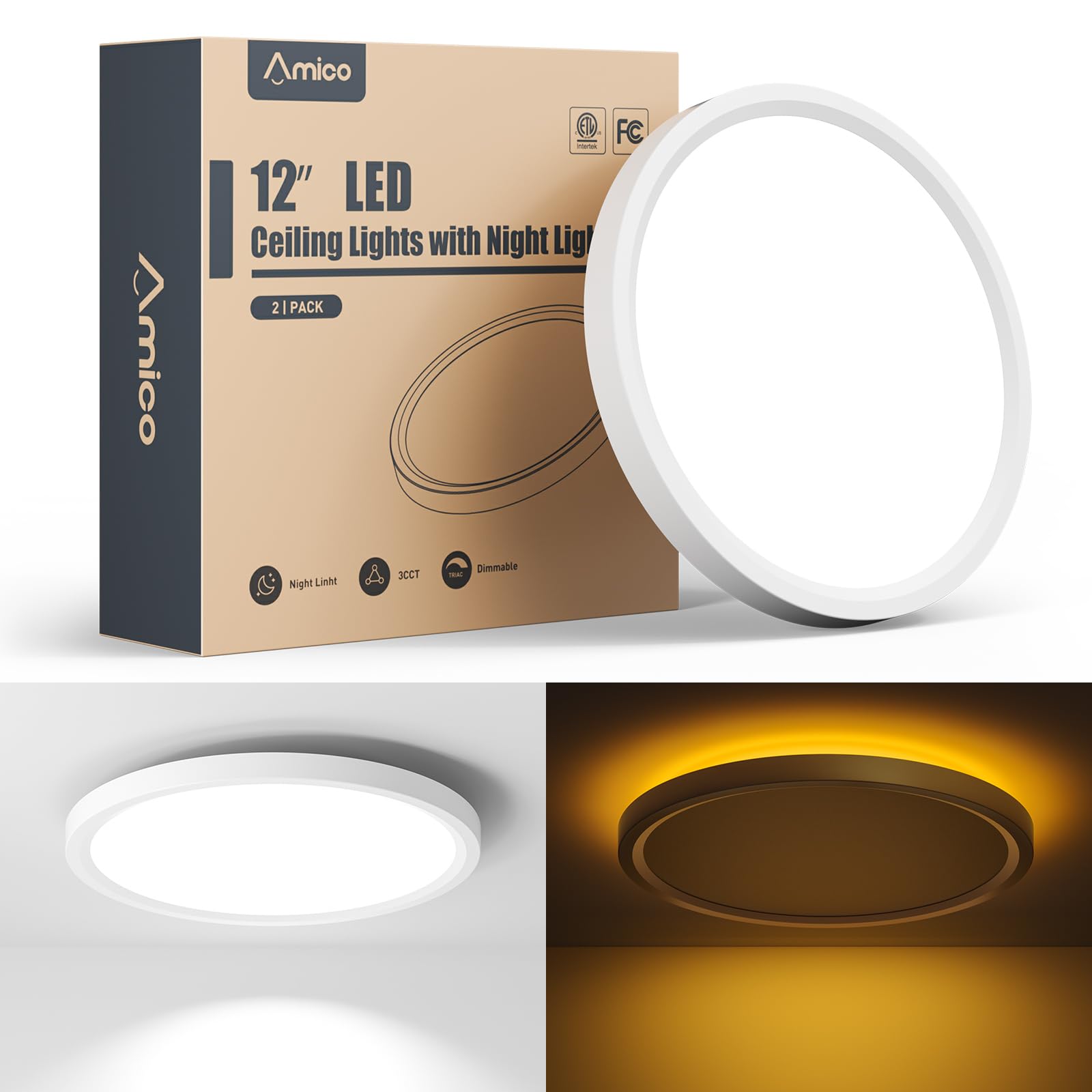 Amico 12 Inch LED Flush Mount Ceiling Light with Night Light, 24W 2200LM 3000K/4000K/5000K Selectable, Dimmable LED Ceiling Lights for Bedroom, Dining Room, Kitchen, Living Room, 1 Pack