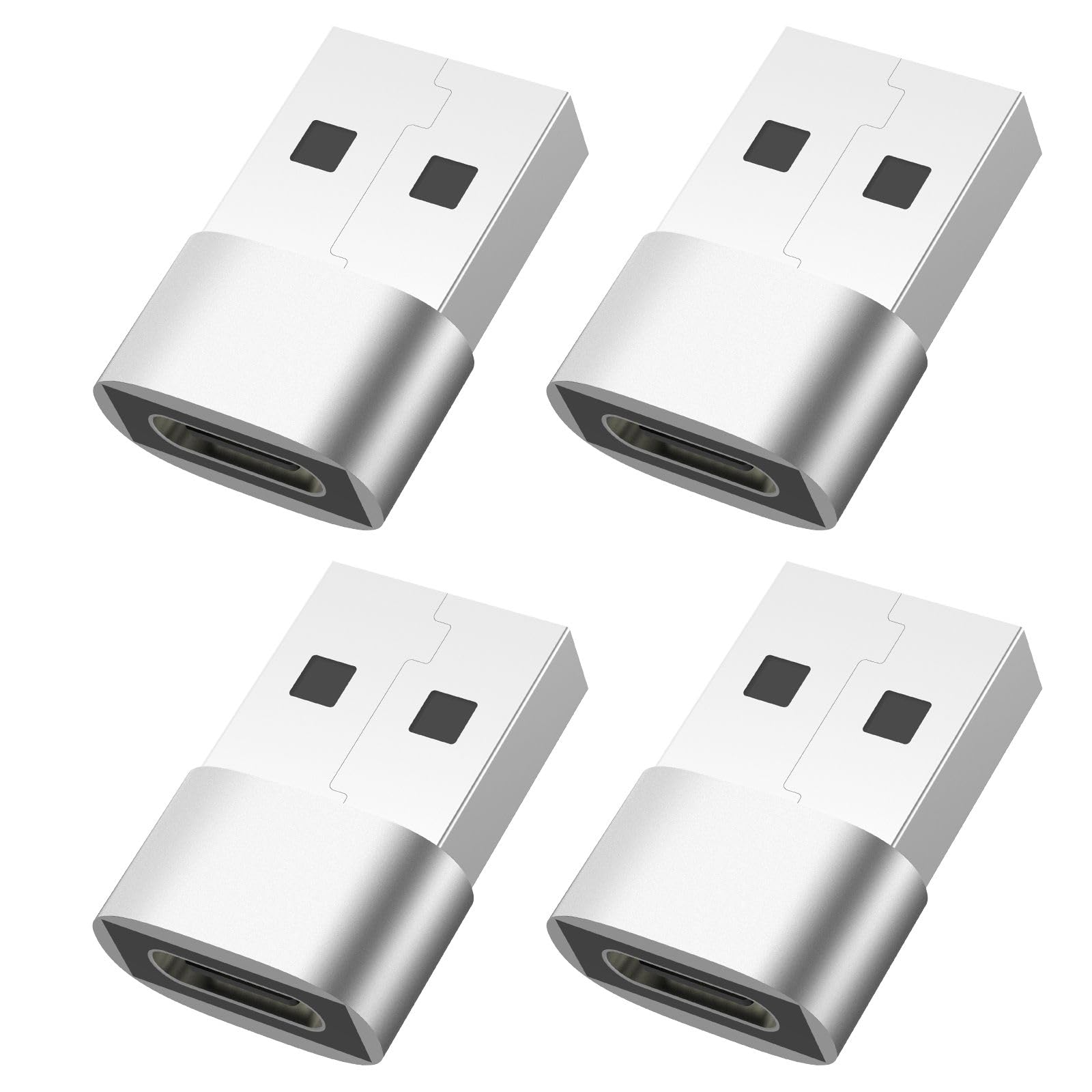 jpyyw 4 Pack USB C Female to A Male Car Charger/with Fast Charging & Data Sync,Converter for iPhone 16/16e/15/14, Galaxy S25/Switch/Apple Watch,Metallic Silver