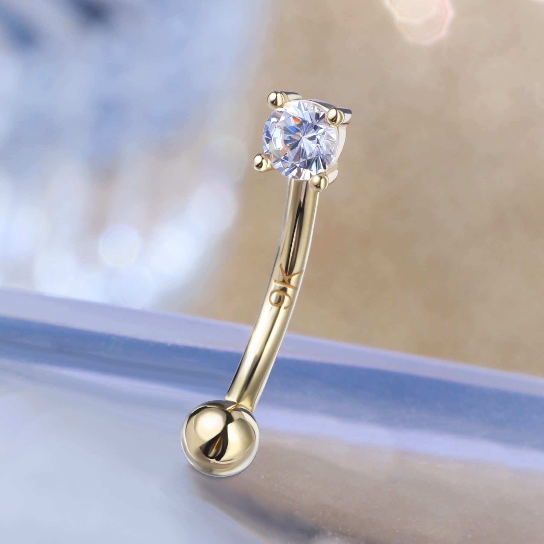 OUFER Piercing de oro real de 9 quilates con forma de corazón de 16 g, barra de cejas, hélice, caracola, circonita cúbica, cartílago, pequeña barra curvada, labret, plátano, tragus, mujeres y hombres