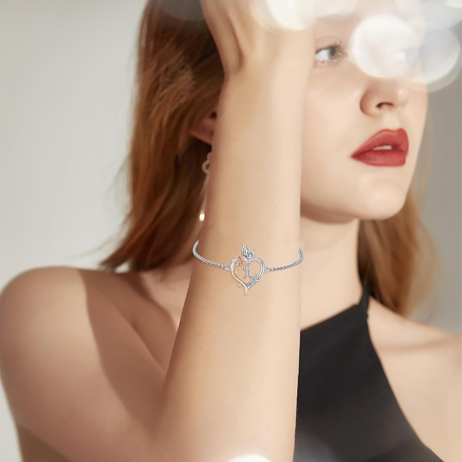 TOUPOP Mothers Day Gifts for Women Rose Heart Initial Bracelet 925 Sterling Silver Butterfly Letter Link Bracelet Love Jewelry Anniversary Birthday Gifts for Mom Her Wife Girlfriend