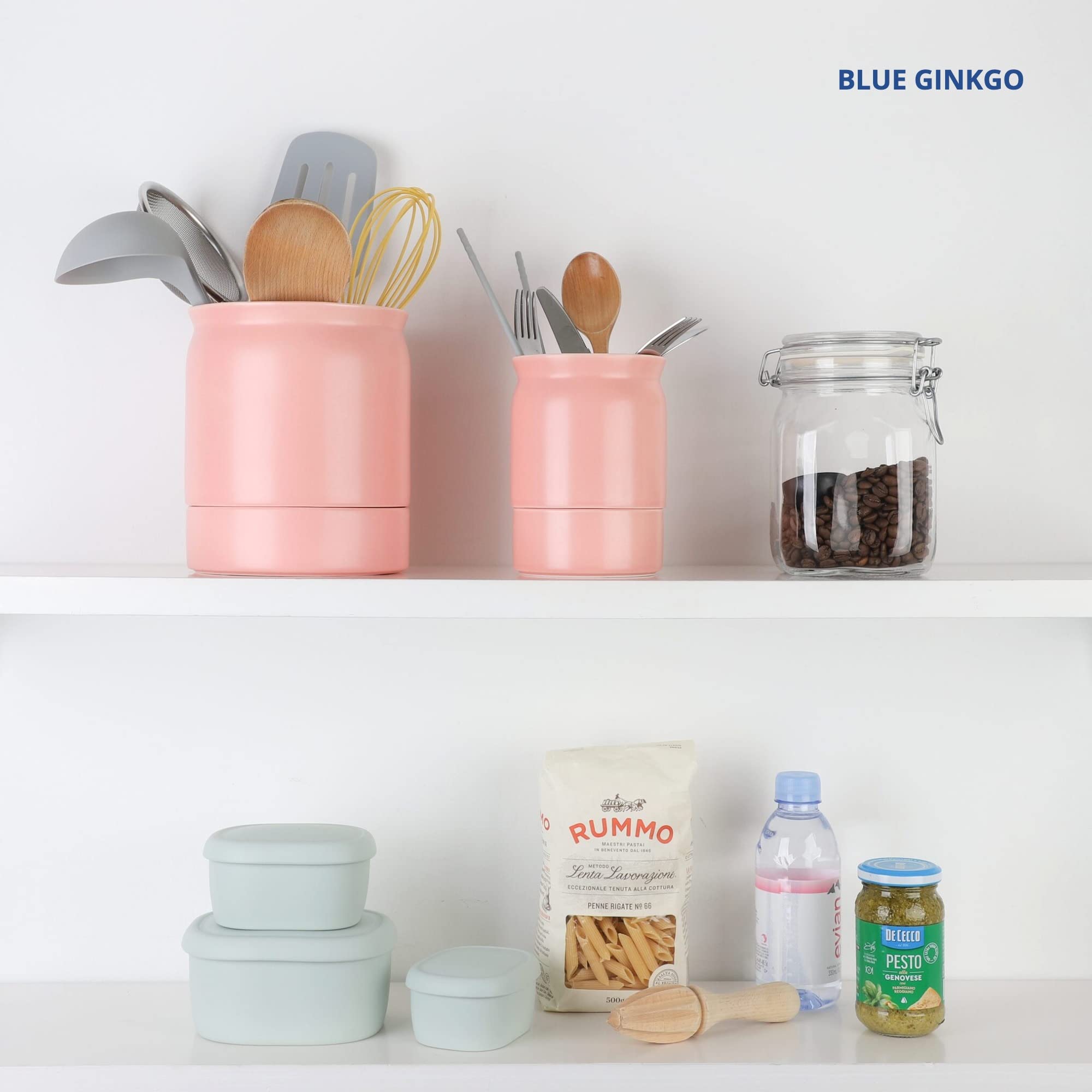 BLUE GINKGO Ceramic Utensil Holder [Pack of 2] - Cutlery Containers with Removable Draining Tray (Pink)