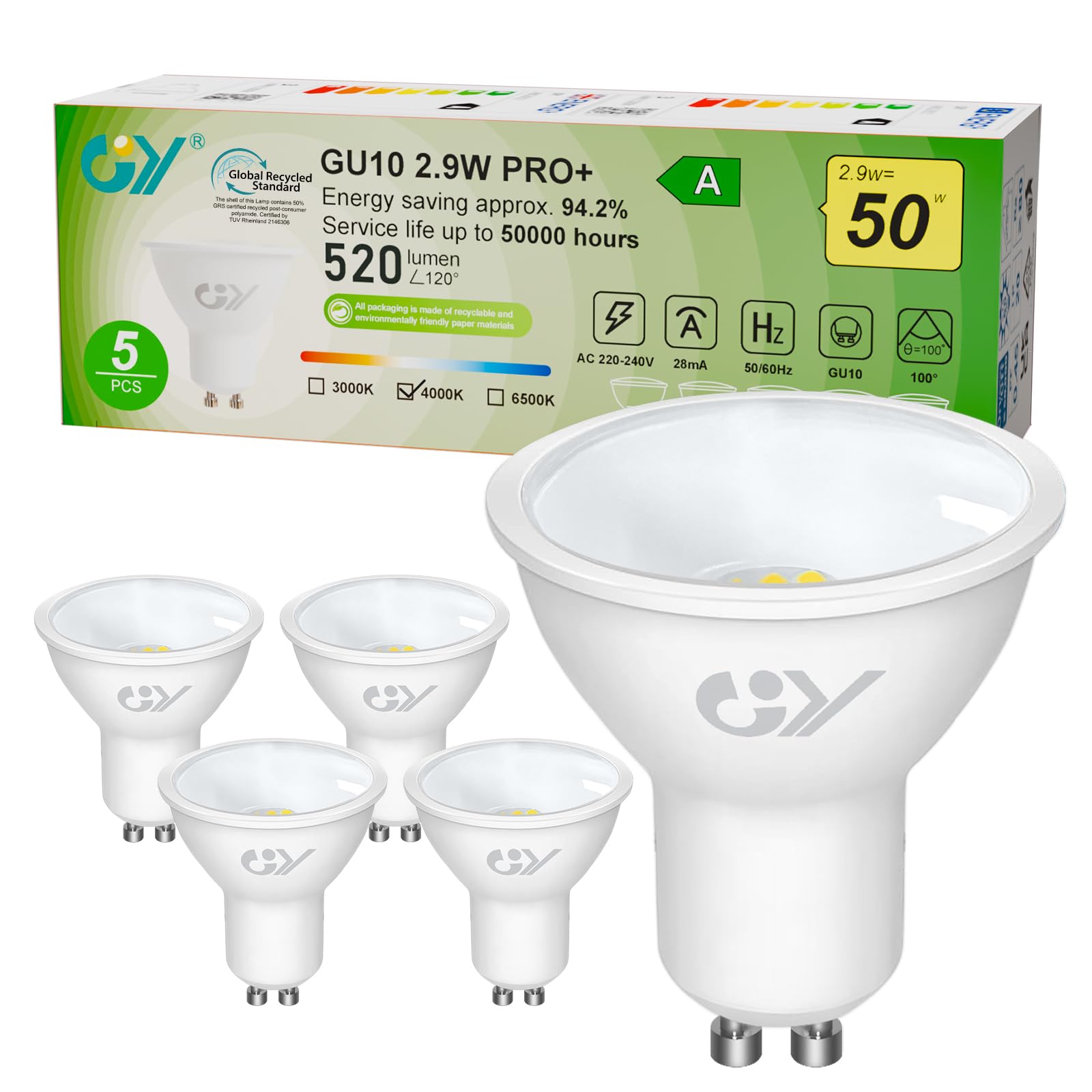 GY GY GU10 2.9W Class A Ultra Energy Efficient LED Bulb 4000K Neutral White,520LM Energy Saving Equivalent 50W,110 ° Light Angle,Non-Dimmable,Pack of 5