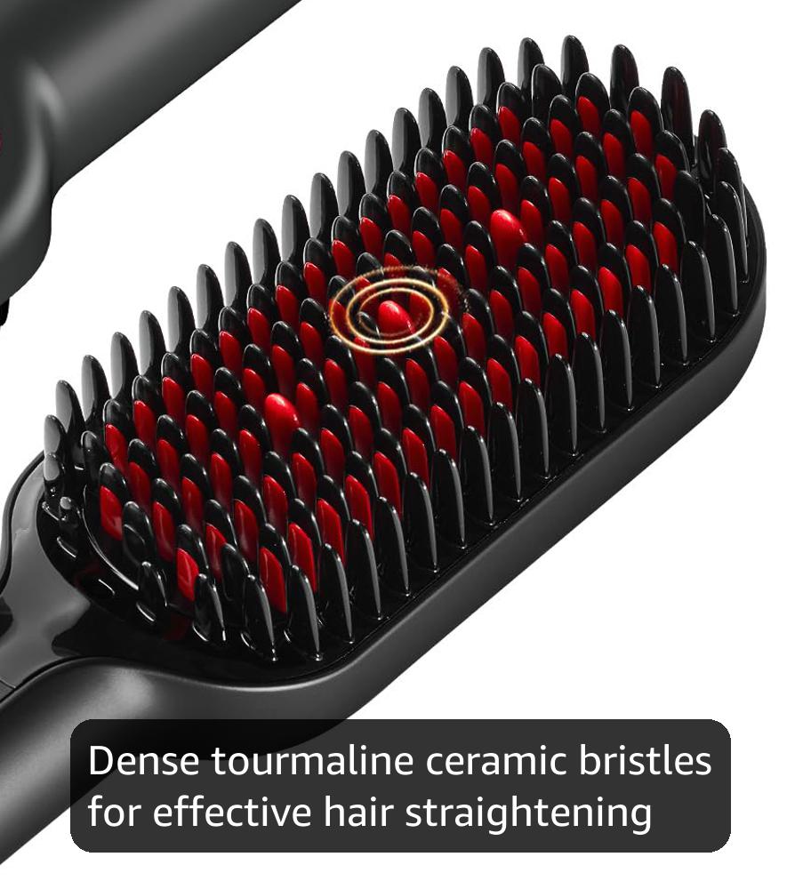 TYMO Hair Straightener Brush - Upgraded Ionic Plus Straightening Brush with Dense Bristles, 16 Temps, Dual Voltage | Ceramic Hot Comb for Women | Flat Iron for Thick Curly Hair, Black