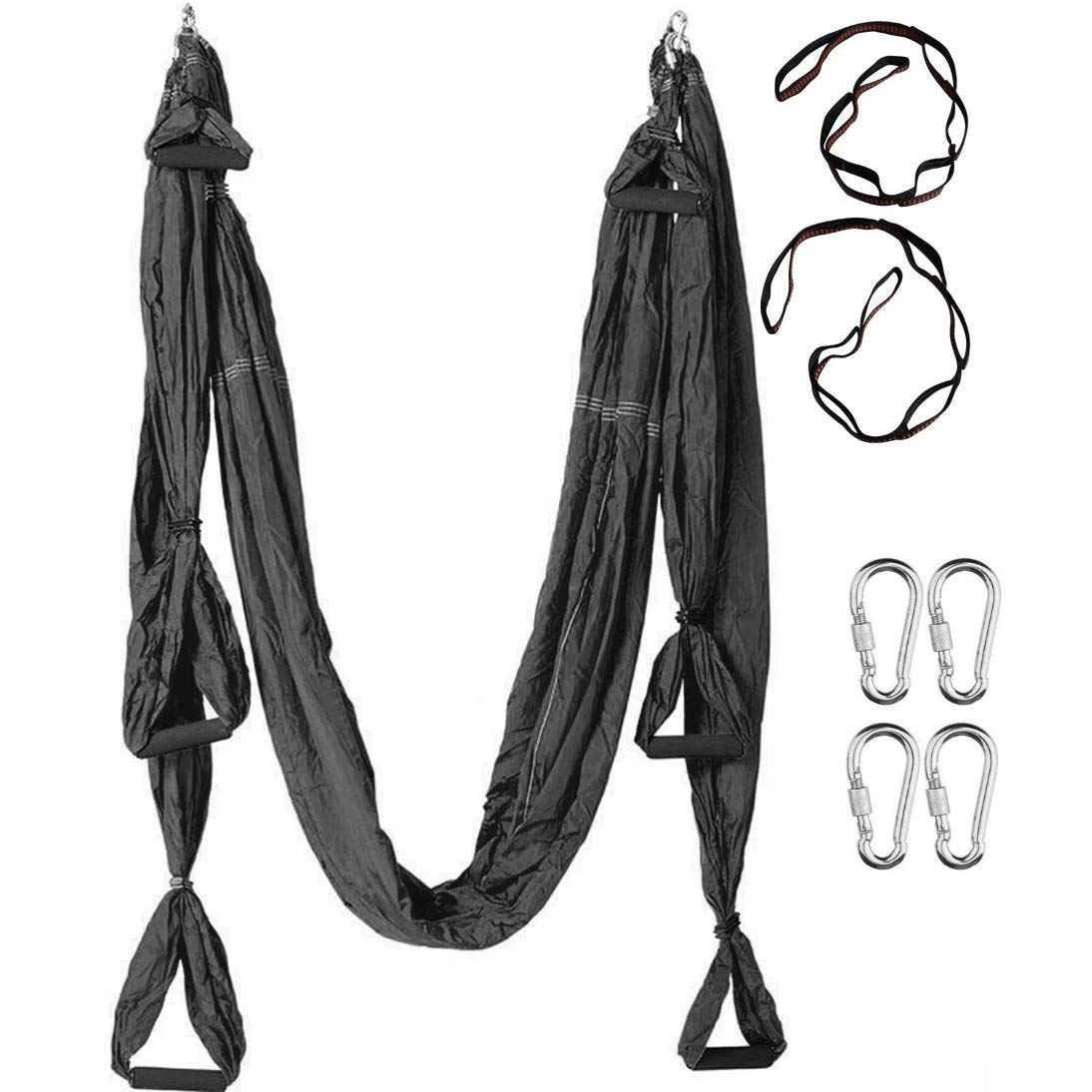 Anti-Gravity Aerial Yoga Hammock Swing – Six Handles Sling Pilates Set Kit Include Steel Carabiners Extension Straps No Ceiling Hanging Mount for Home & Gym Fitness