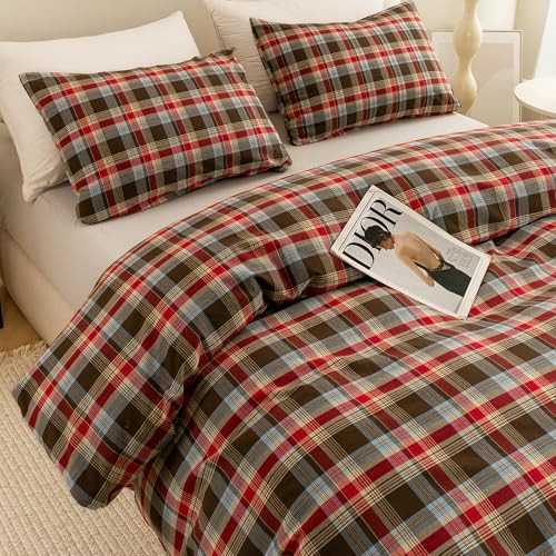 Image of ECOCOTT Buffalo Plaid Duvet Cover Queen Size- 3 Piece Washed Cotton Bedding Set with Classic Checkered Pattern, Red & Brown Duvet Cover with Pillowcases for All Seasons