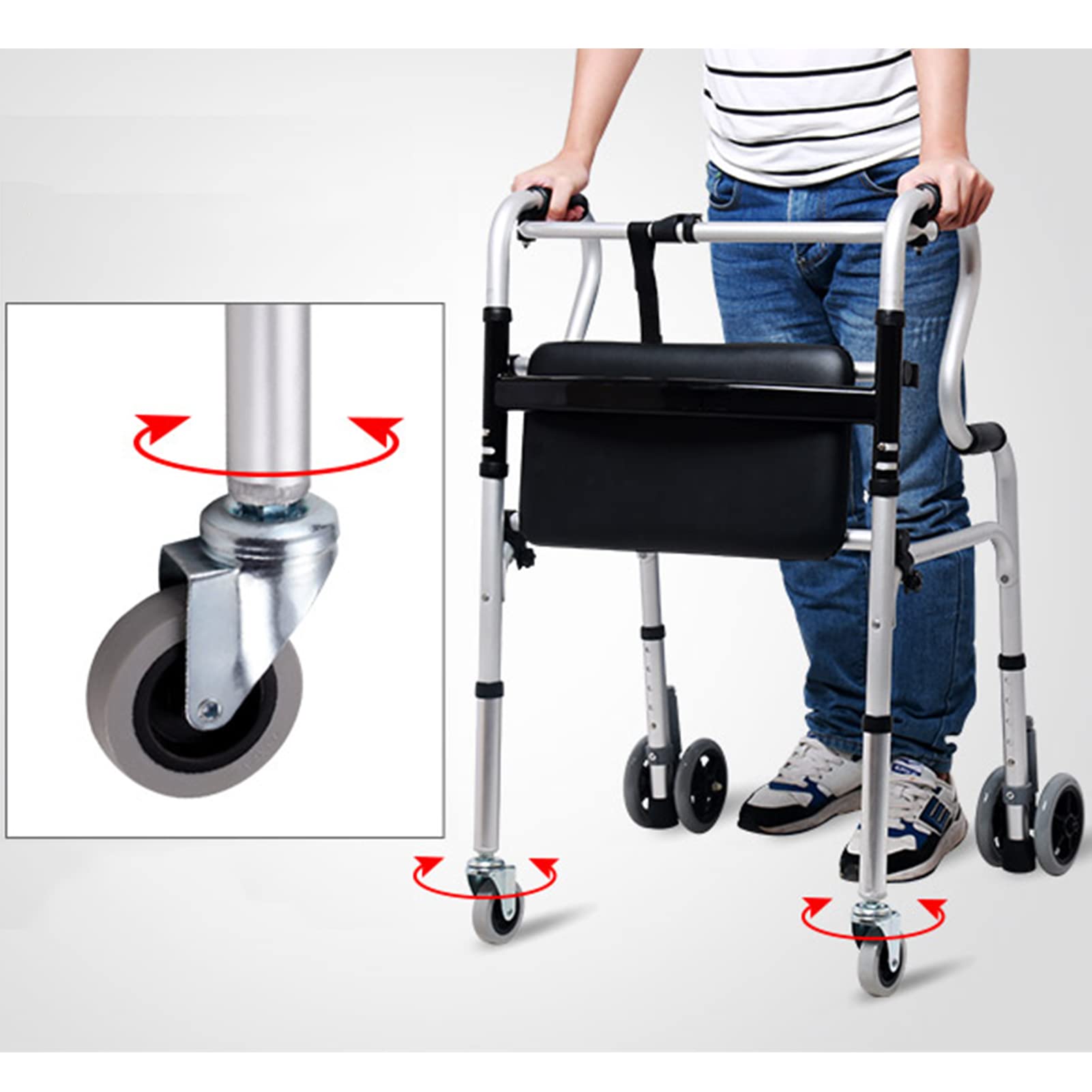 HMTE Andador Plegable para Ancianos Ruedas y Asientos con Frenos Andador de Pie Multiusos Asistido Aleación de Aluminio Ligero y Plegable Equilibrio y Estabilidad