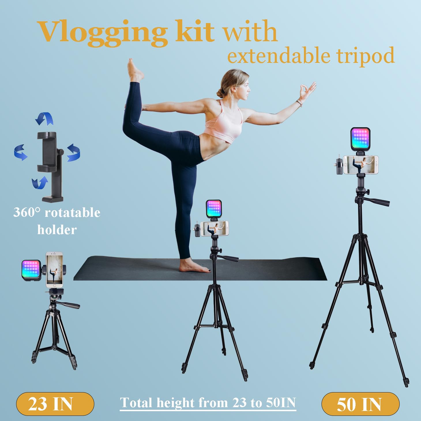 Vlogging Kit pour iPhone Andriod Phone, Kit Youtuber Complet, kit vidéo Influenceur Trípode móvil W/micrófono inalámbrico/Luz RGB/remoto/trípode Extensible