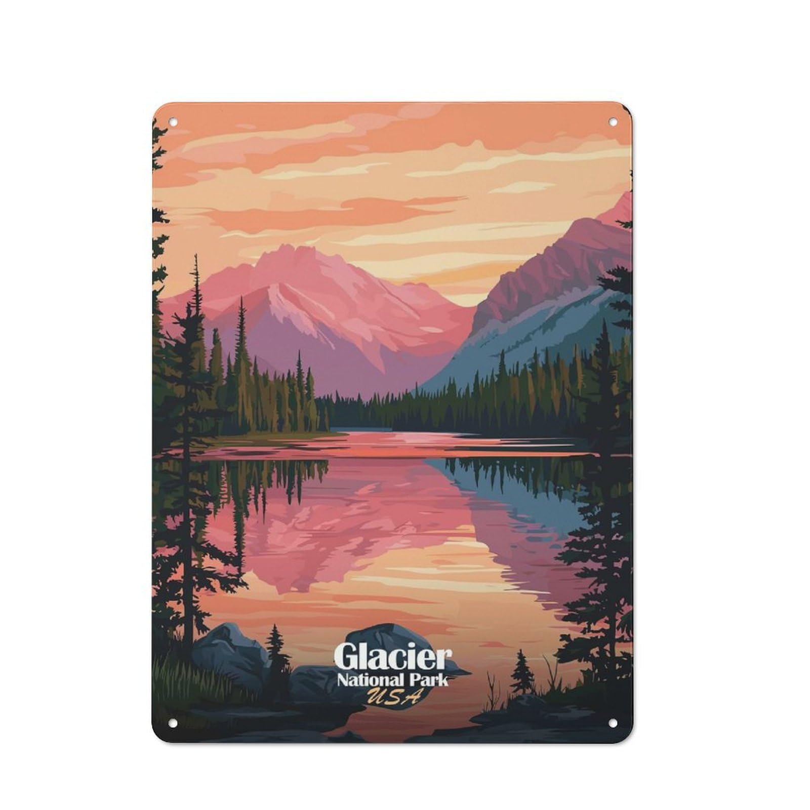 Junmoney Style-12 Glacier National Park Sunset Rustic Metal Sign 40X30cm For Café Or Home Bar, Suited To Home Bar Enthusiasts, For Retro Home Interiors